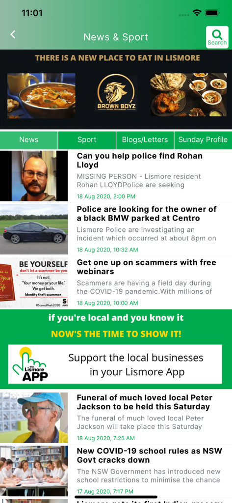 The Lismore App - Mobile screen showing The Lismore App news and sport feed with local community headlines and business advertisements