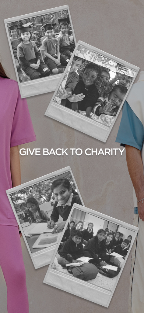 The Giving Movement - A promotional screen from The Giving Movement app featuring the text Give Back to Charity and photos of children in school