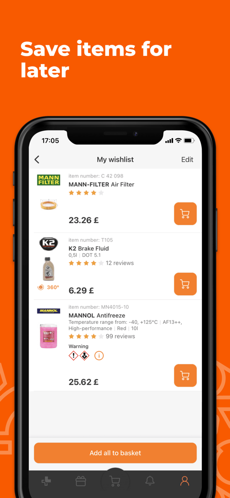 AUTODOC – shop for car parts - AUTODOC app wishlist interface displaying saved car parts and an add all to basket button