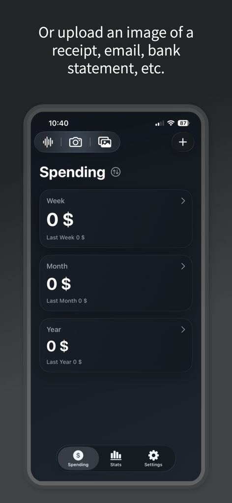 Tres Numeros - Interfaccia dell'app Tres Numeros che mostra il dashboard delle spese con riepiloghi delle spese settimanali, mensili e annuali