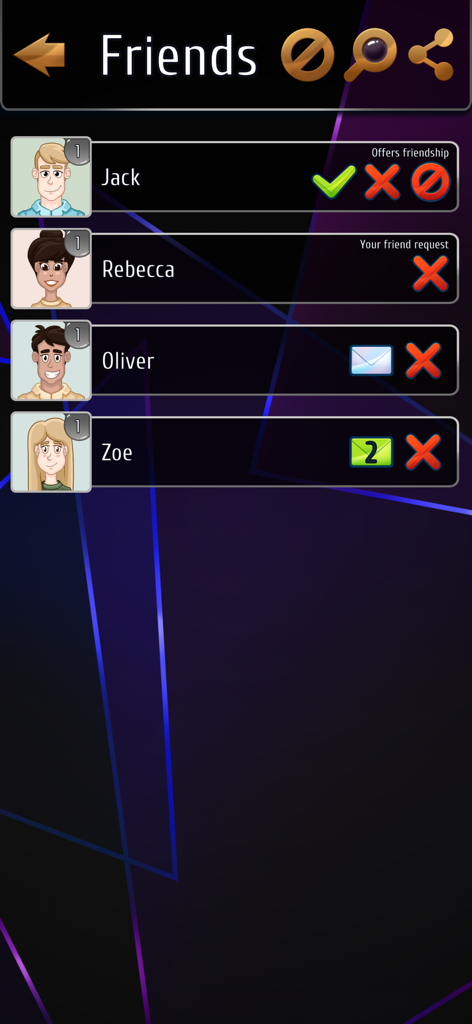 Lista de amigos e menu social no jogo de cartas Bluff Online mostrando pedidos de amizade e opções de mensagens.