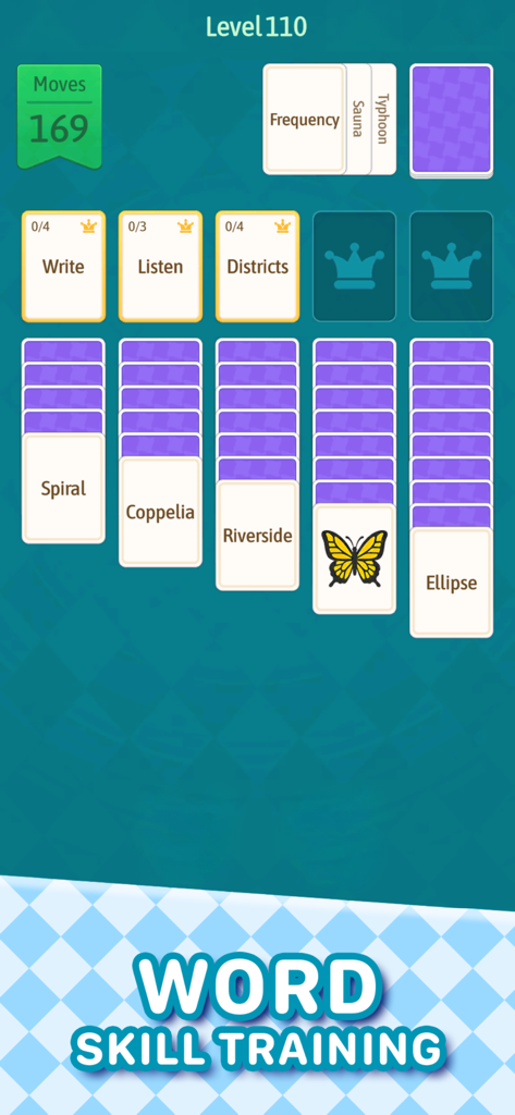 Solitaire Word Quest gameplay showing word cards arranged in a classic solitaire layout