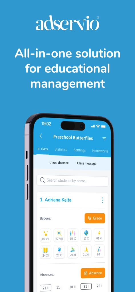 Adservio - Adservio app dashboard displaying student grades and attendance records