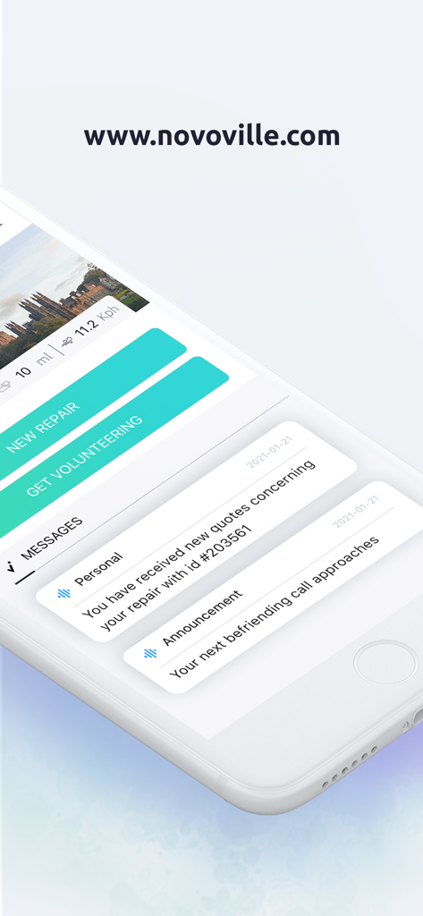 Bildschirm der mobilen Novoville-App, der den Reparaturstatus und Benachrichtigungen zur Freiwilligenarbeit anzeigt.