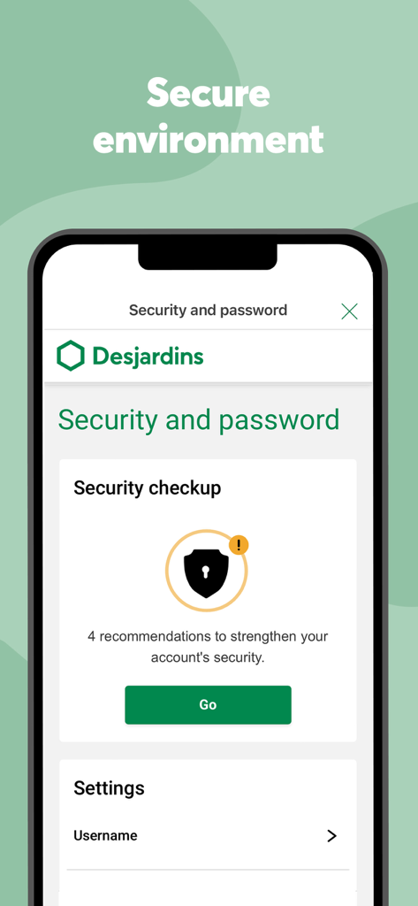 Desjardins mobile services app security checkup screen showing recommendations to strengthen account security