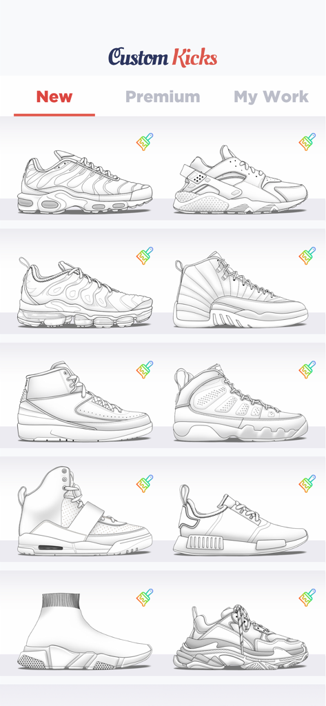 Custom Kicks - A gallery of blank sneaker templates ready for customization in the Custom Kicks app.