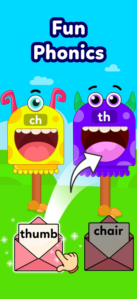 A fun phonics matching game for kids featuring colorful monsters and word association.