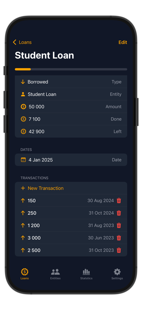 Loan & Debt Tracker - Detailed view of a student loan within the Loan and Debt Tracker app interface showing balance and transaction history.