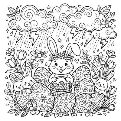 Unleash your creativity with this charming Easter coloring page, blending spring festivities with a delightful thunderstorm twist. Features adorable bunnies, beautifully decorated eggs, and lively florals under a sky of swirling clouds and playful lightning.