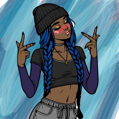 realistic teenage girl with braids and a beanie and crop top doing 🫶🏼