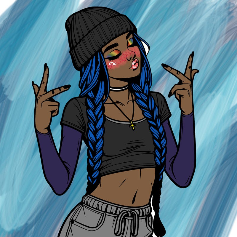 realistic teenage girl with braids and a beanie and crop top doing 🫶🏼