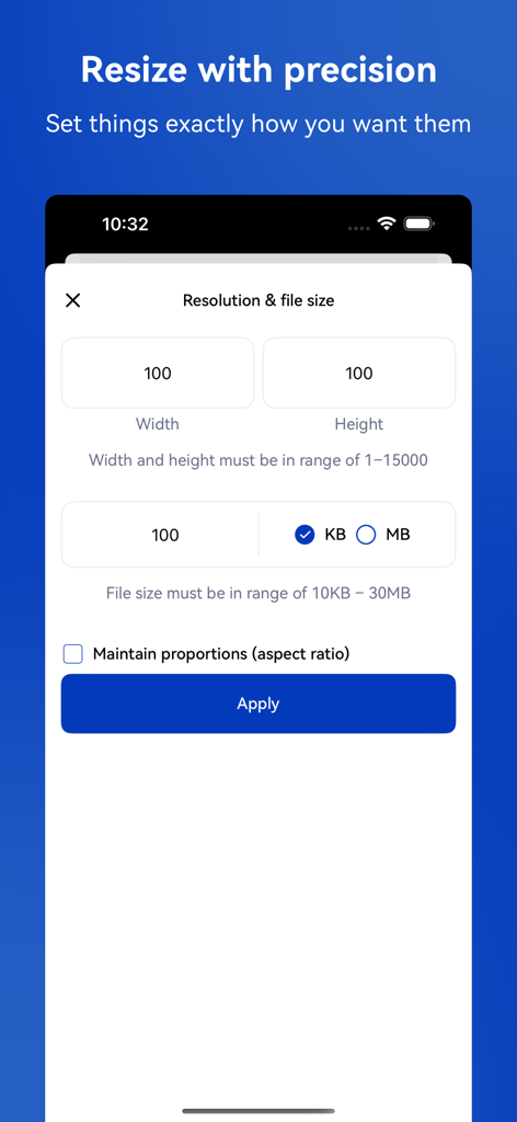 Photo & Picture Resizer - Interfaccia per impostare la risoluzione personalizzata della foto e la dimensione del file di destinazione in KB o MB