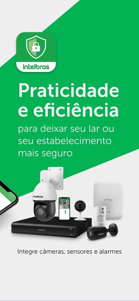 Intelbras Guardian app displaying integrated security hardware including cameras and alarms