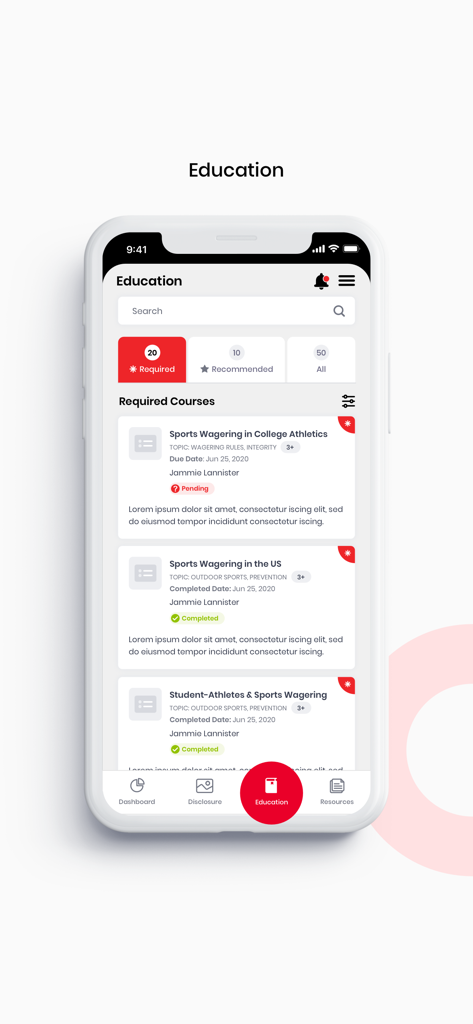 Education screen in the COMPASS NIL app listing required compliance courses for college athletes