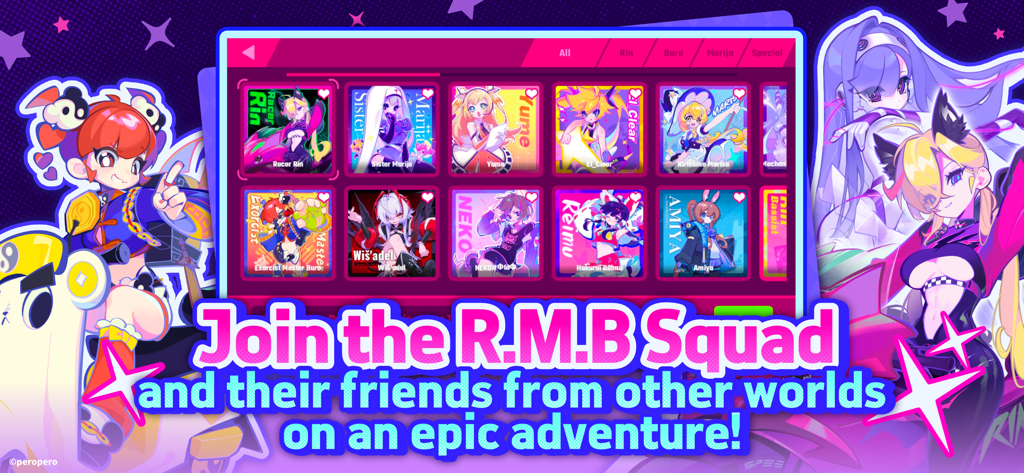 Character selection screen in Muse Dash featuring the R.M.B Squad and various anime girls
