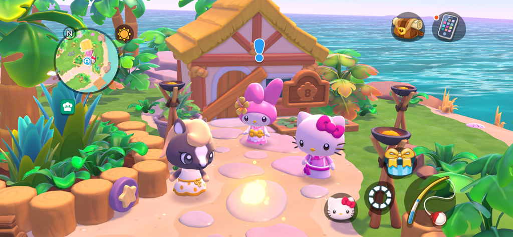 Hello Kitty Island Intro - Hello Kitty y My Melody de pie frente a una cabaña tropical en una isla soleada.