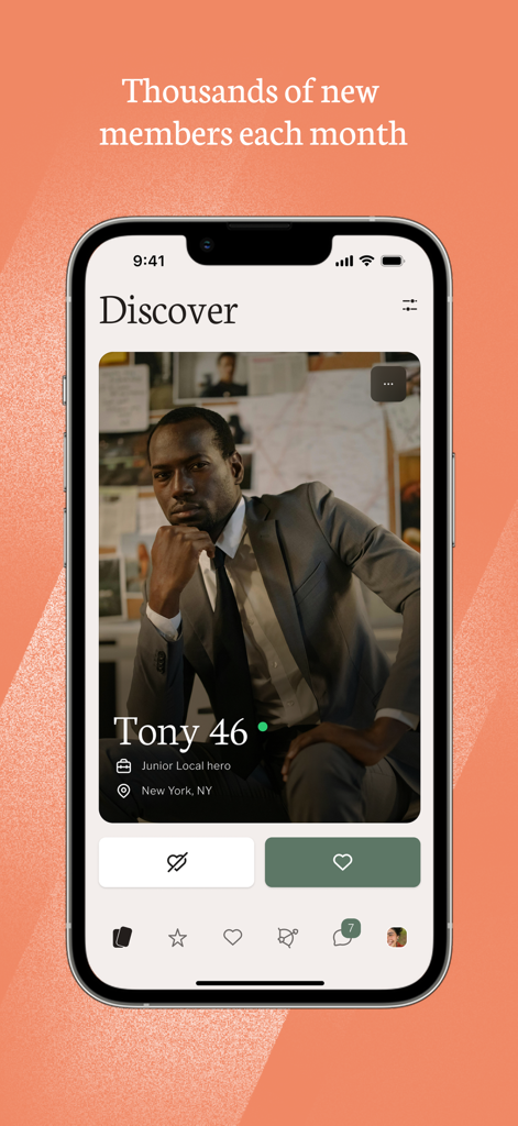 Christian Mingle app discover screen showing a member profile for a 46 year old man in New York