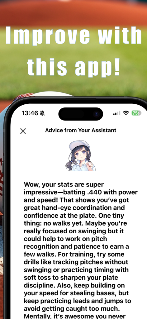 Virtueller Assistent, der im Statz Baseball App personalisierte Schlag-Feedback und Leistungstipps gibt.