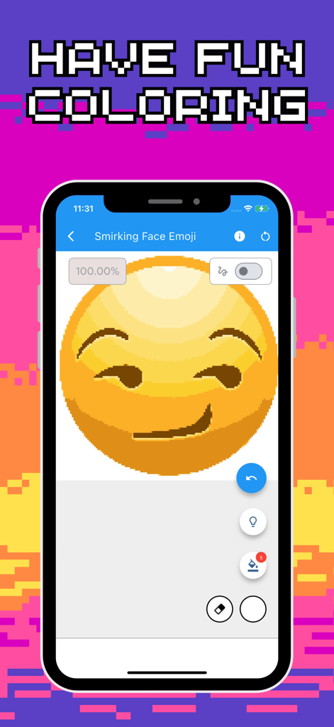 Color by Number: Paint & Draw - Un emoji de cara sonriente siendo coloreado en una interfaz de aplicación móvil pixel art.