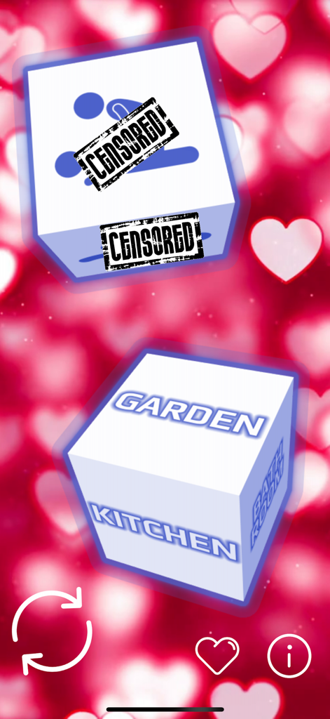 Sex Dice App-Screenshot zeigt zwei Würfel mit Stellungen und Orten vor einem roten Herz-Hintergrund.