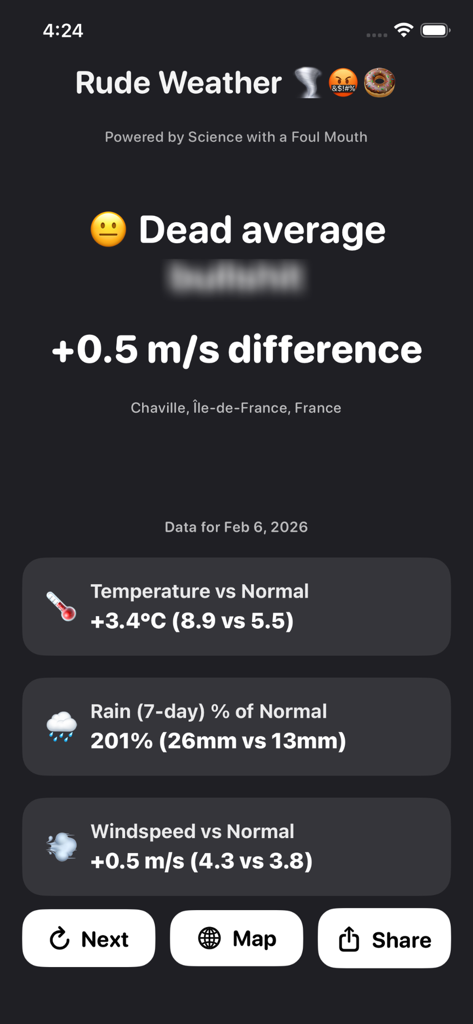 Rude Weather Daily app main screen displaying sarcastic weather commentary and climate departure statistics