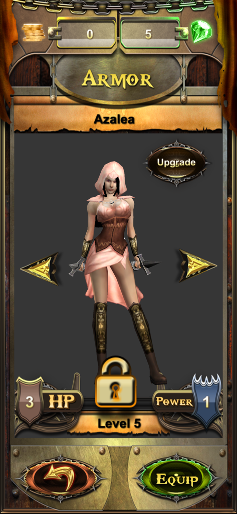 Endless Run Magic Stone - Character customization screen for Azalea the female assassin showing armor and stats