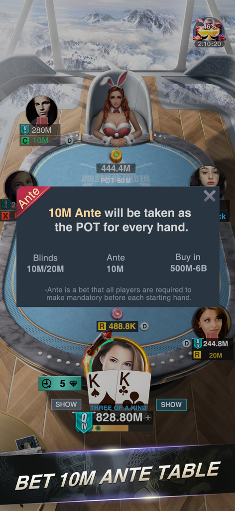 Mobile poker gameplay showing a 10 million ante table with player avatars and card hands in portrait mode