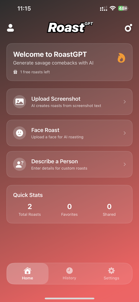RoastGPT - AI Roast Generator - RoastGPT home screen showing options to generate AI roasts via screenshots face uploads and descriptions