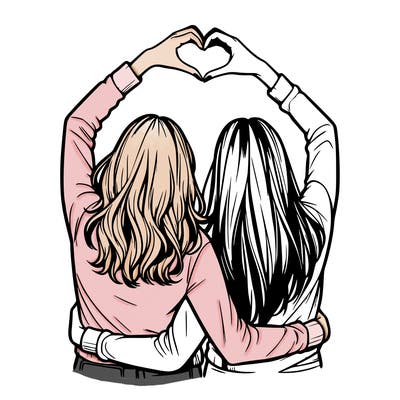 two friends with their backs turned and their hands in a heart realistic