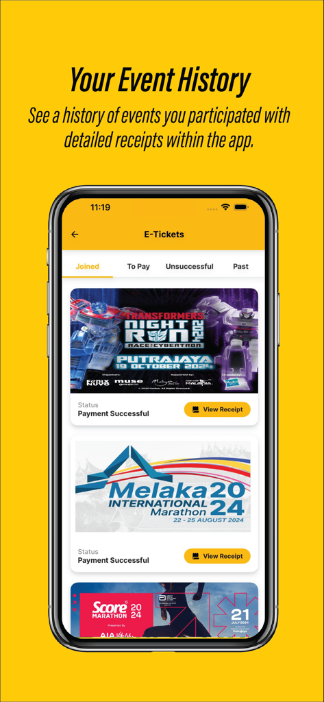 Interface da app móvel mostrando o histórico de eventos desportivos de um utilizador e bilhetes digitais.