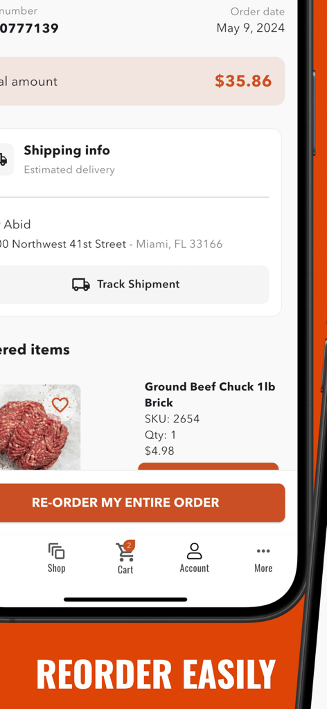 Wild Fork - Tela do aplicativo Wild Fork exibindo detalhes do pedido com um botão fácil de reordenar
