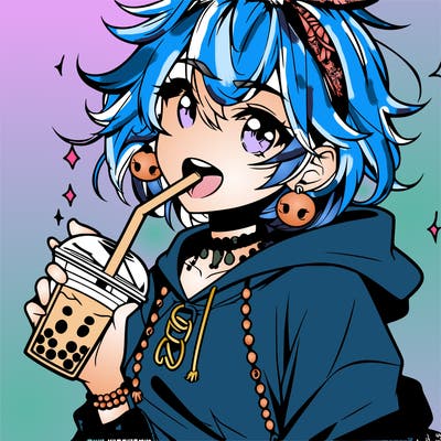 hot baddie anime girl drinking boba and biting the straw
