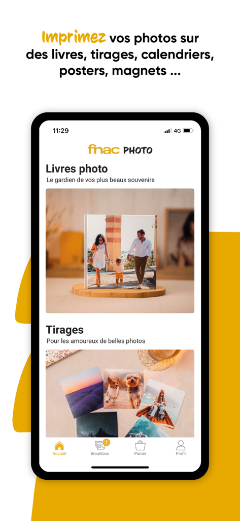 Interface de l'application mobile Fnac Photo affichant les catégories pour les livres photo et les tirages photo