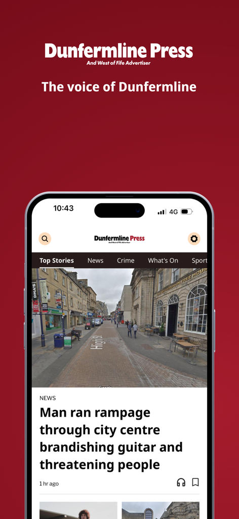 A smartphone displaying the Dunfermline Press app interface with local news headlines.