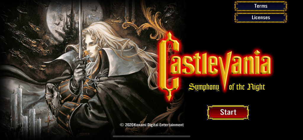 Castlevania: SotN - The main title screen of Castlevania Symphony of the Night featuring an illustration of Alucard and the game logo.