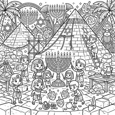 Step back in time for a truly unique holiday celebration with this Pyramid Builders Hanukkah coloring page. Discover an enchanting scene where ancient Egypt meets festive Hanukkah traditions, perfect for creative minds.