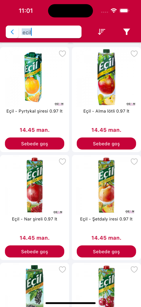 Ozan - Resultados de búsqueda de la aplicación de compras Ozan que muestran varios sabores de jugo de frutas Ecil.