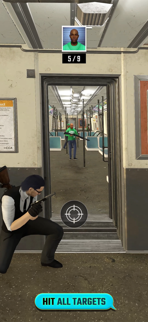 Stealth gameplay in Agent Hunt showing an assassin aiming a suppressed pistol at a target in a subway car.