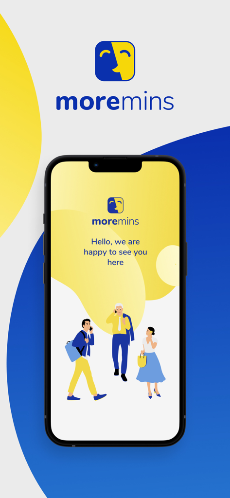 MoreMins app splash screen with illustrations of people using mobile phones
