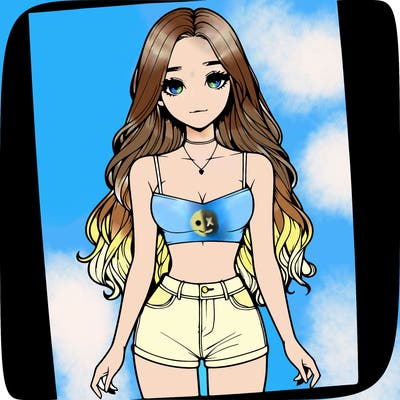 a realistic girl with long hair and in a crop top and shprts