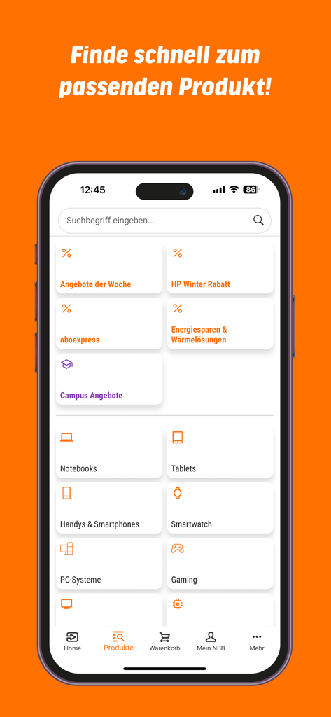 Interfaz de la aplicación móvil de notebooksbilliger.de que muestra varias categorías de tecnología como portátiles, tabletas y smartphones
