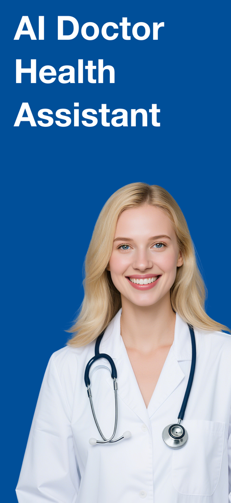 Med AI Doctor Assistant -  stethoscopeの下にAI Doctor Health Assistantというテキストがあり、白衣を着て笑顔の女性医療従事者。