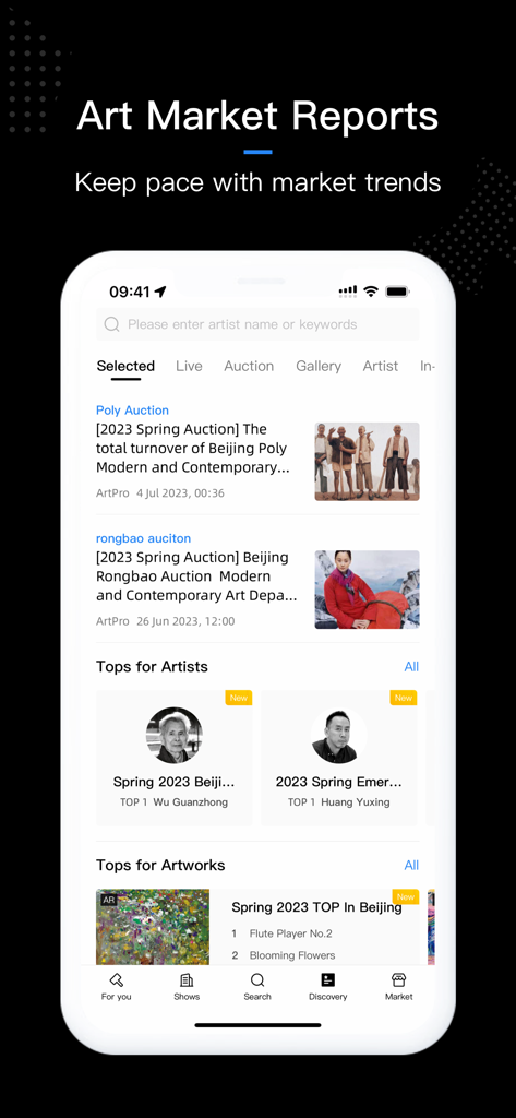 ArtPro mobile app interface showing global art market reports and top auction trends