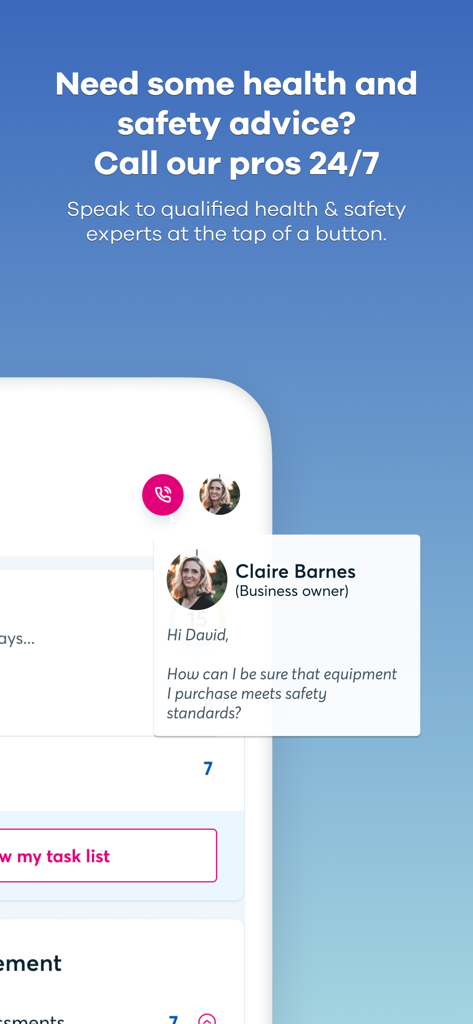 BrightSafe On The Go - Interface of the BrightSafe On The Go app highlighting its 24/7 health and safety expert advice feature for businesses.