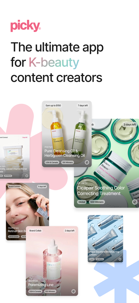 Picky: K-Beauty, Create & Earn - インフルエンサーやコンテンツクリエイター向けのPickyアプリのプロモーション画面、様々なK-Beauty製品キャンペーンを表示