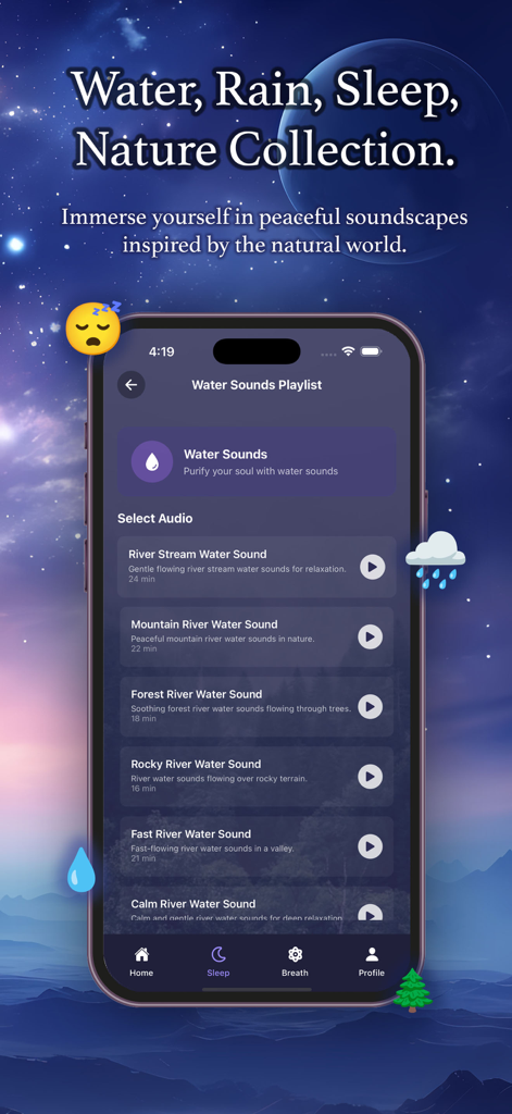 Aplicativo Serenity Sleep exibindo uma lista de reprodução de vários sons de água e rio para relaxamento.