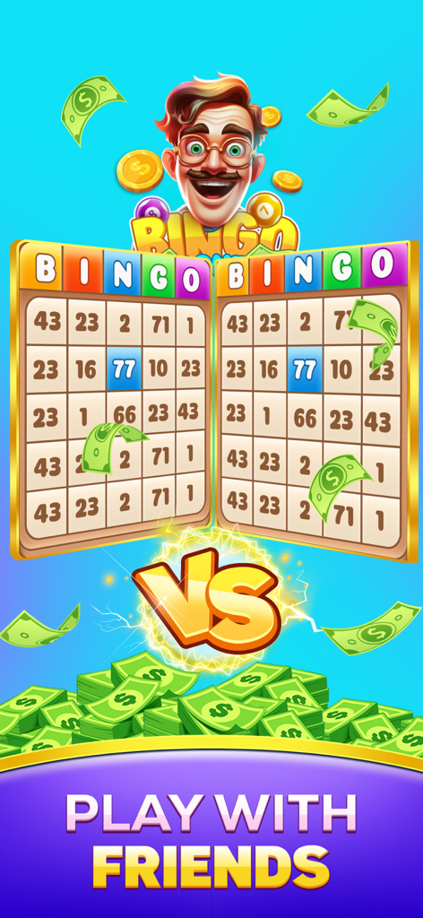 Bingo For Real Money, Win Cash - Pantalla de juego de bingo competitivo que muestra el modo versus con dos tarjetas y premios en efectivo