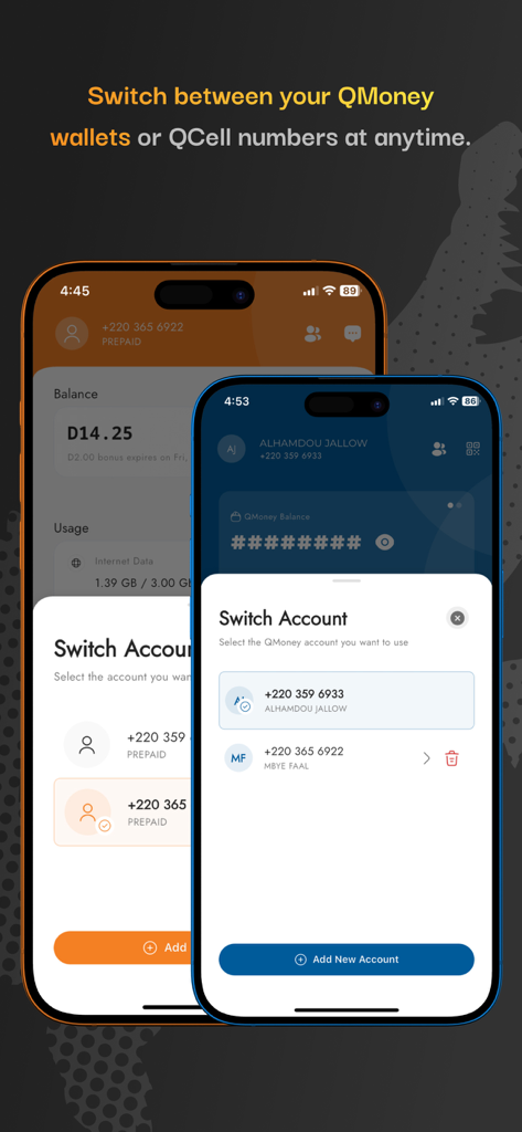 QCELL - Interface of the QCELL app showing the feature to switch between different mobile numbers and QMoney wallets