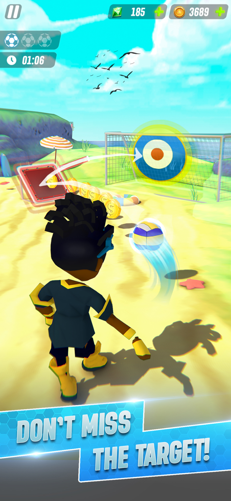 Soccer Star - Flick Football - 3Dキャラクターが、Soccer Star Flick Footballのビーチ設定のゴールにあるブルズアイターゲットに向かってサッカーボールを蹴っている