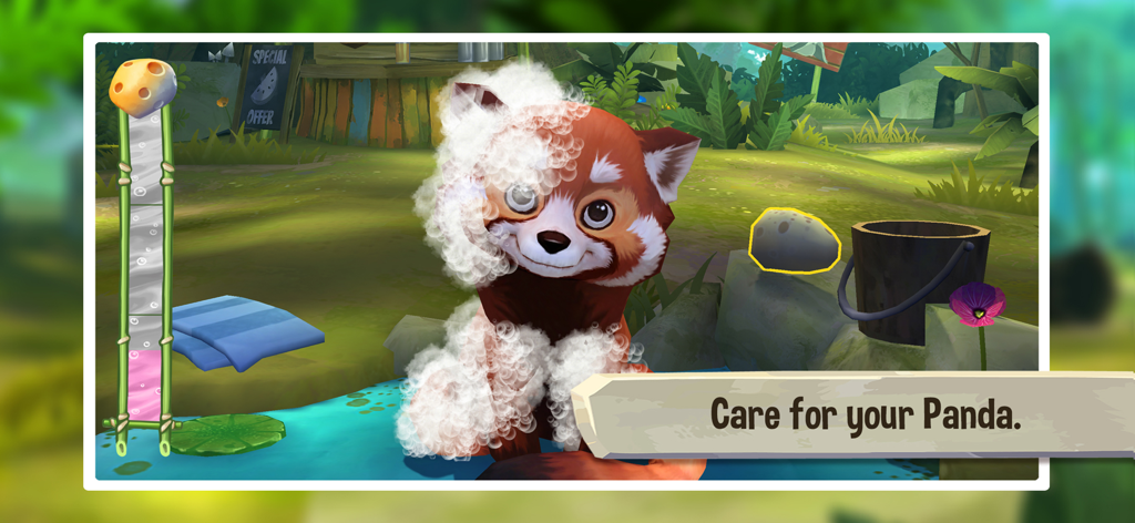 Pet World: My Red Panda - A cute red panda covered in soap bubbles being washed in a virtual pet care game